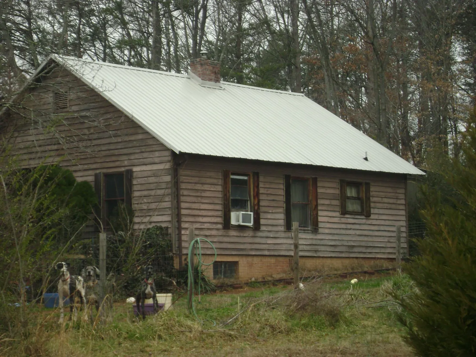 White metal roof on an old wood sided farmhouse, from a Metal Roof Installation job in Ozark